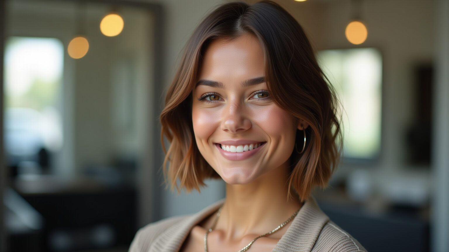 Mulher brasileira sorrindo com corte de cabelo bob curto estiloso.