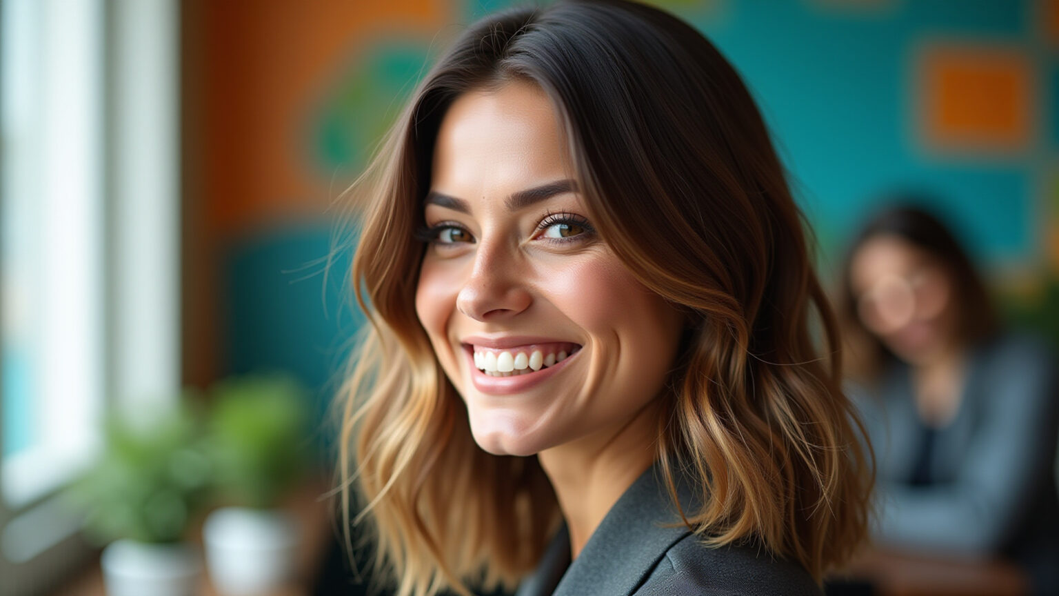 Mulher sorrindo com corte de cabelo em camadas.