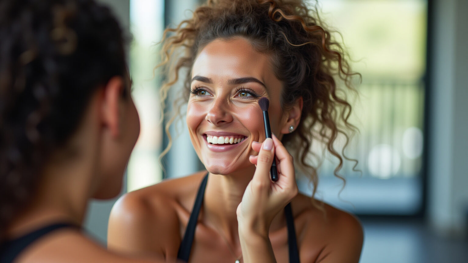 Mulher brasileira sorrindo aplicando maquiagem à prova de suor antes da academia.