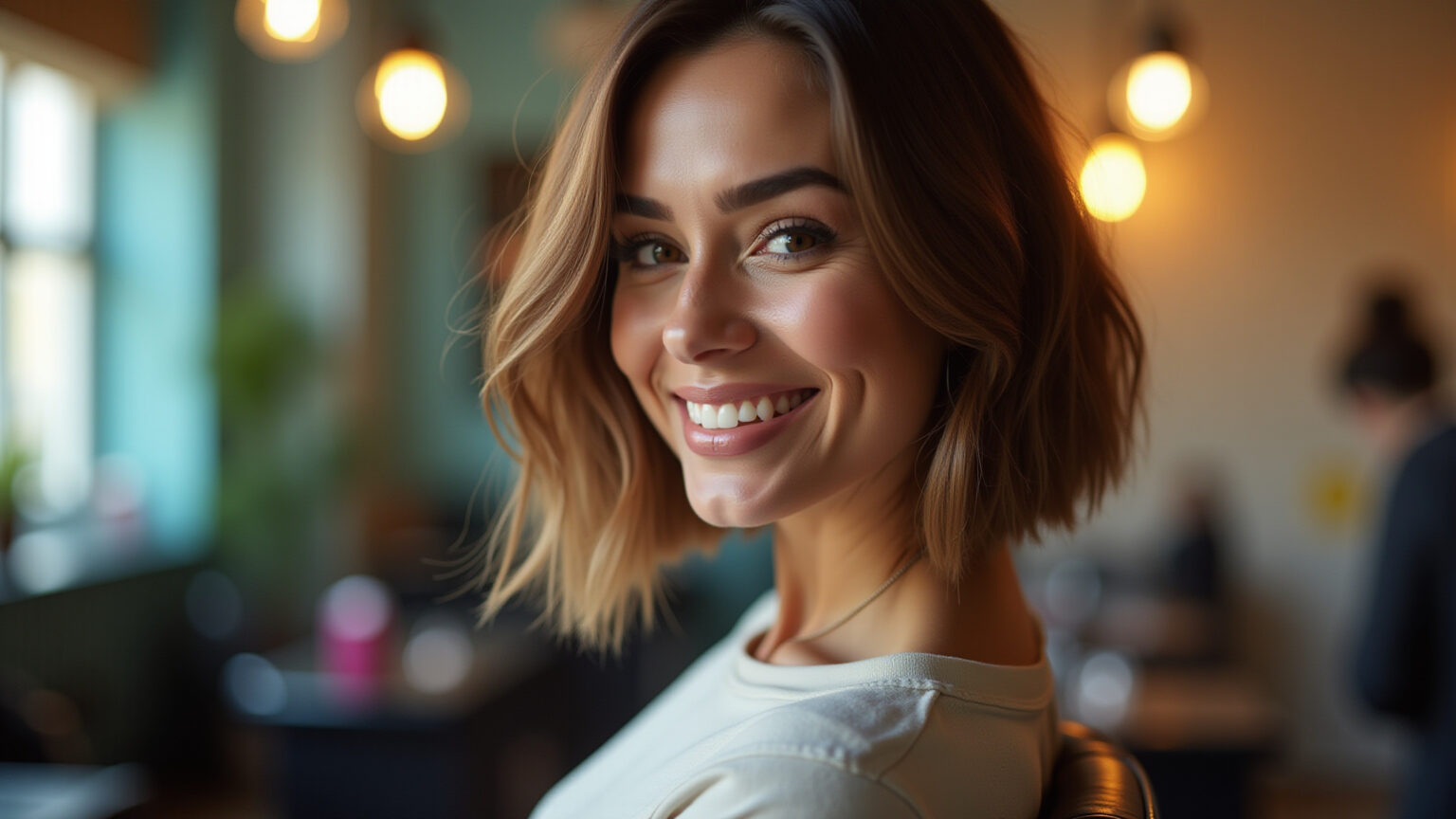 Mulher sorrindo com corte long bob em salão de beleza vibrante.