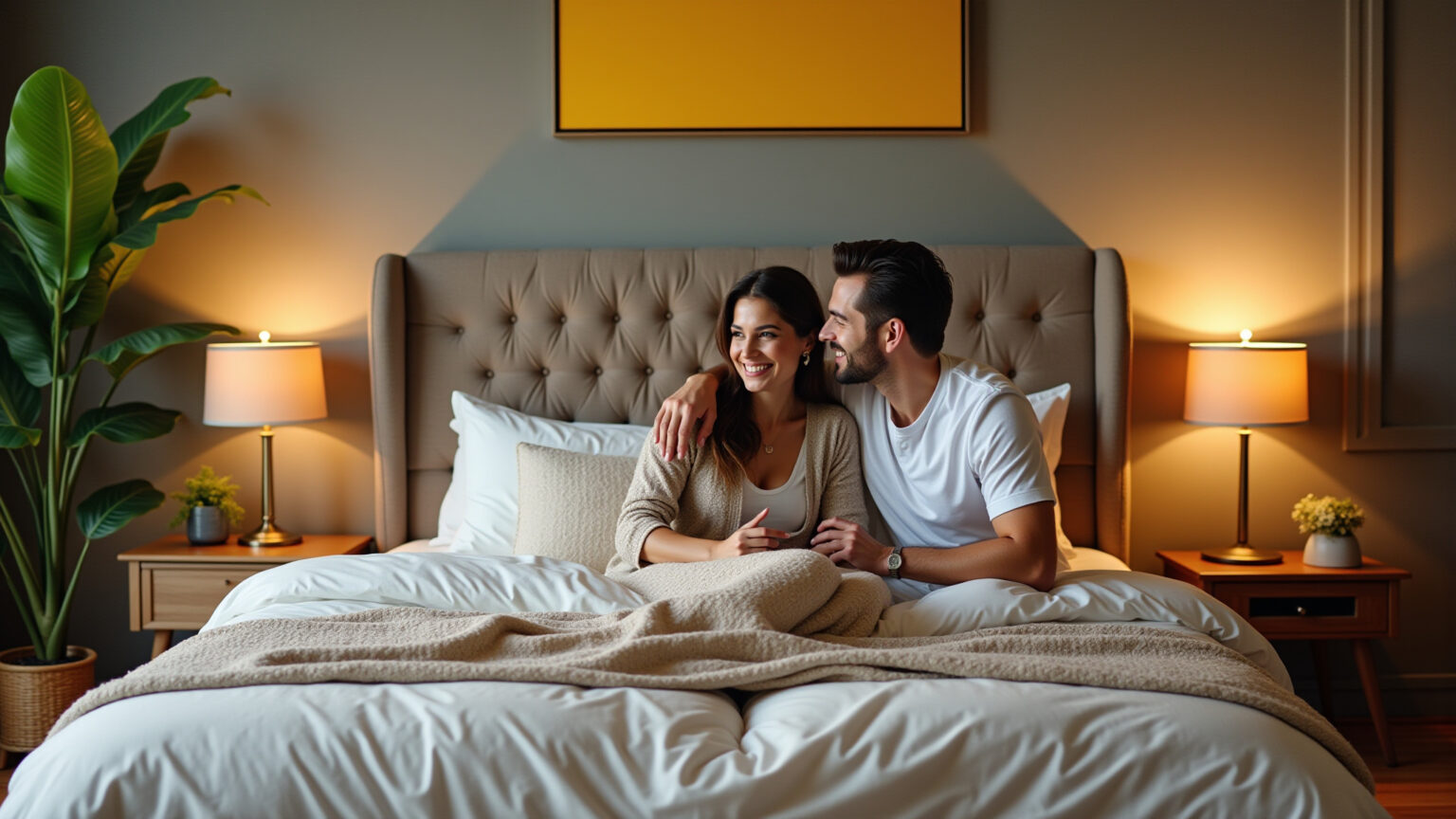 Quarto de casal grande e elegante com decoração brasileira vibrante.