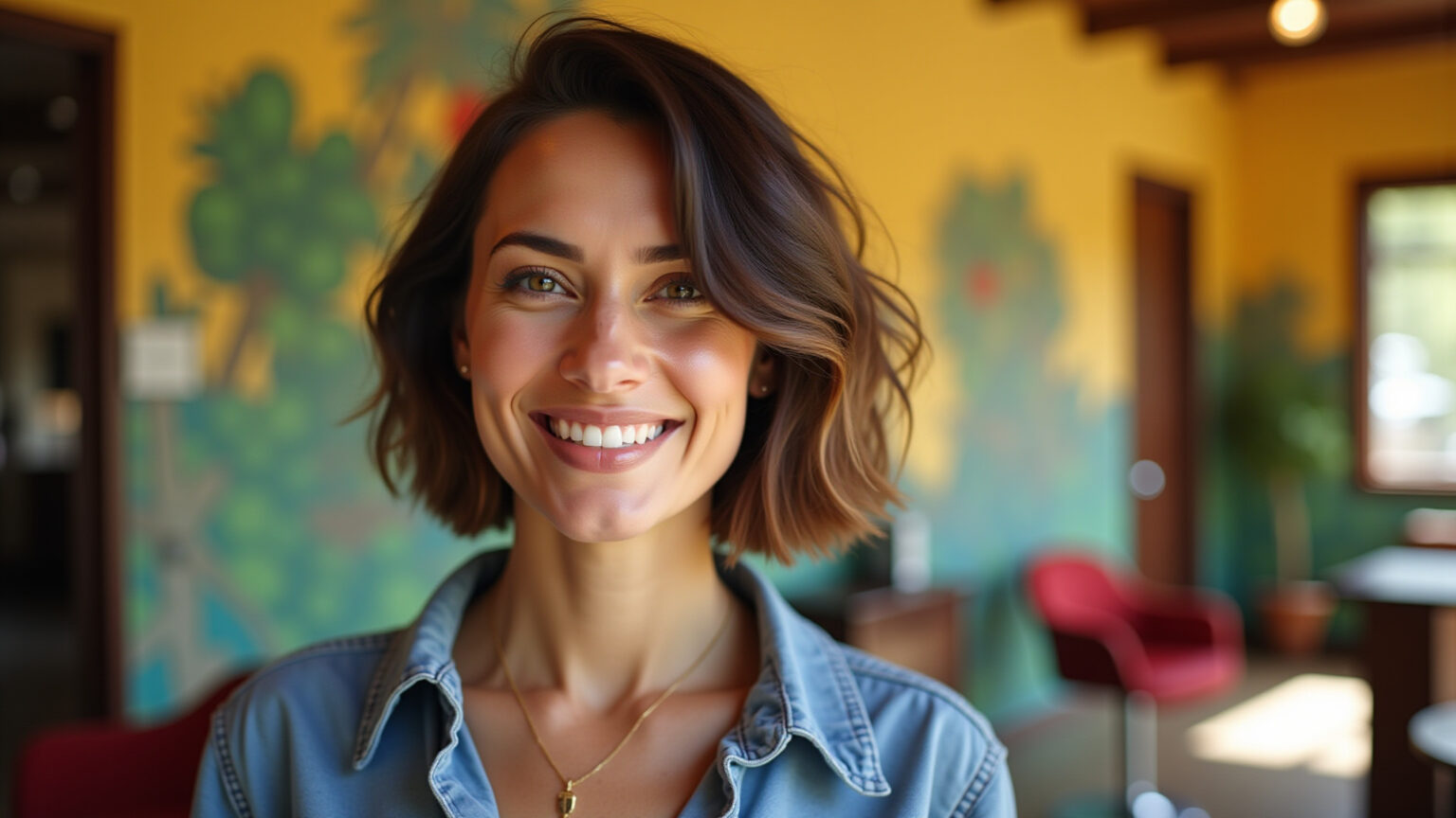 Mulher brasileira sorrindo com corte short bob moderno em salão vibrante.