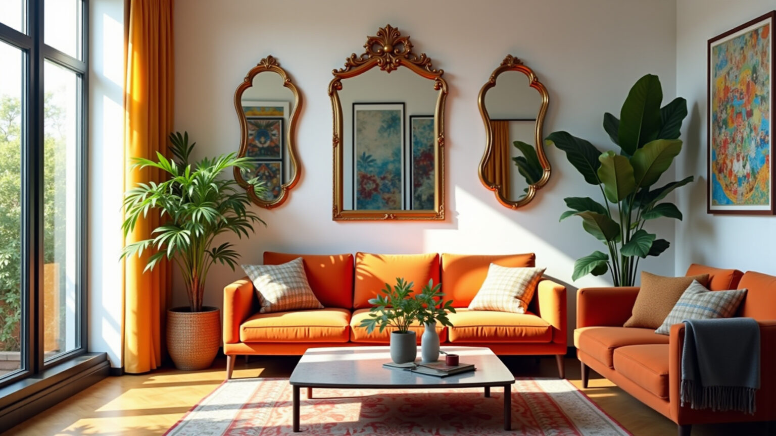 Espelhos decorativos ampliando e iluminando uma sala de estar.