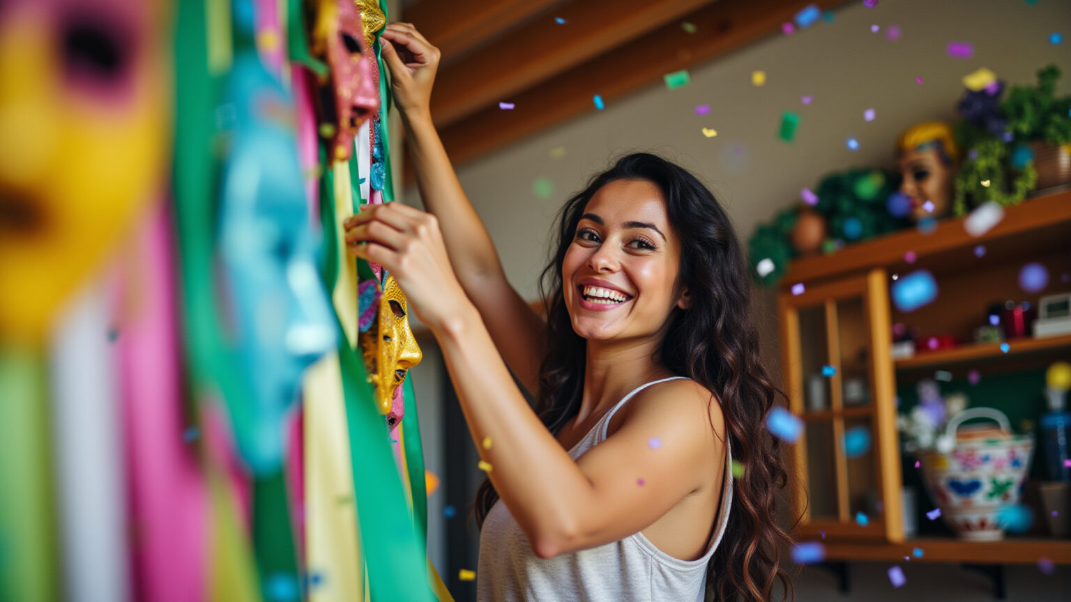 Mulher sorrindo decora casa para o Carnaval com máscaras e fitas coloridas.