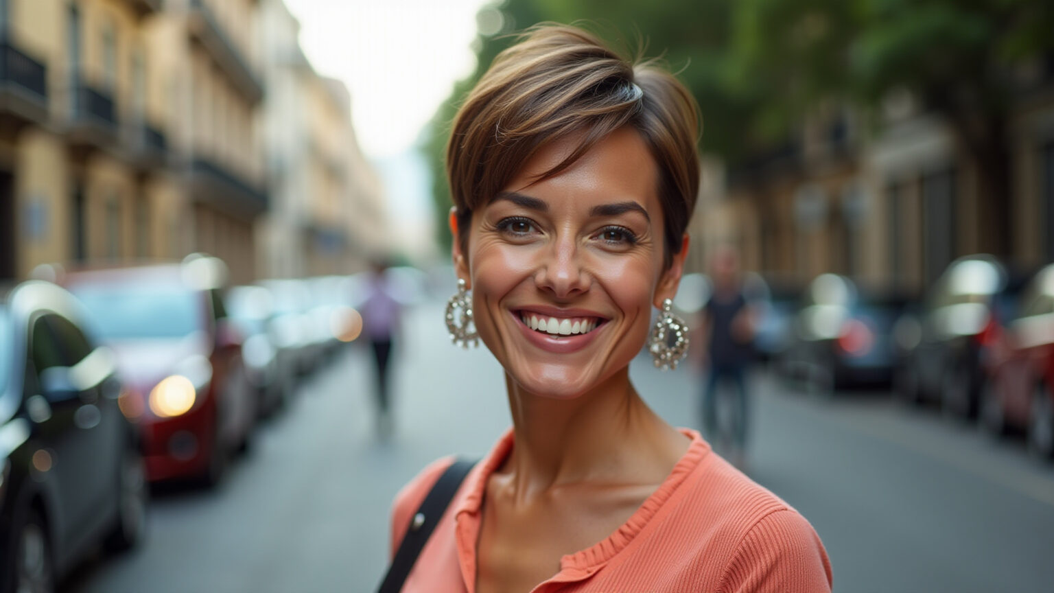 Mulher brasileira estilosa com pixie cut sorrindo confiantemente.