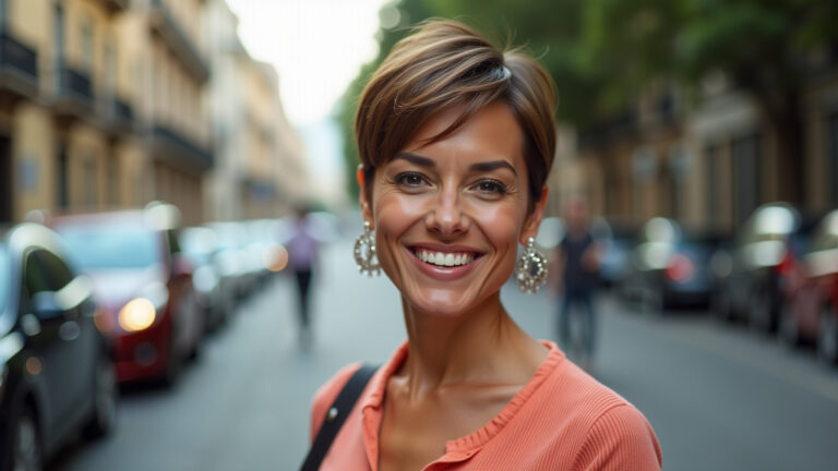 Mulher brasileira estilosa com pixie cut sorrindo confiantemente.