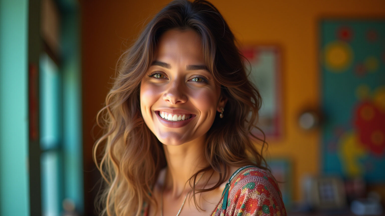 Mulher sorrindo com cabelo shaggy estilo anos 70.