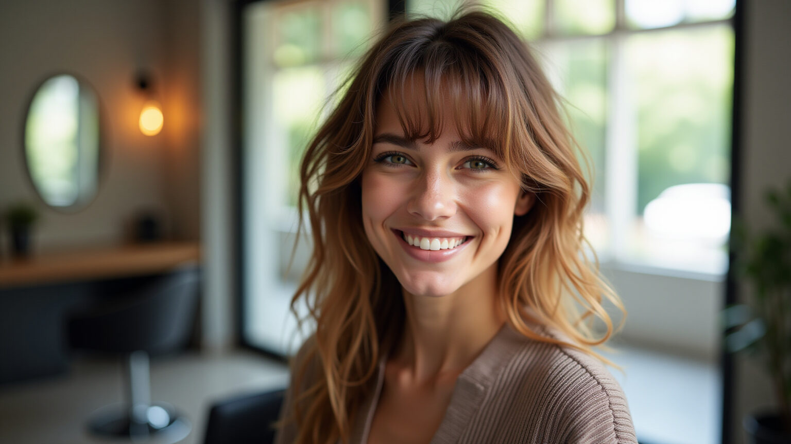Mulher sorrindo com franja cortina estilosa.