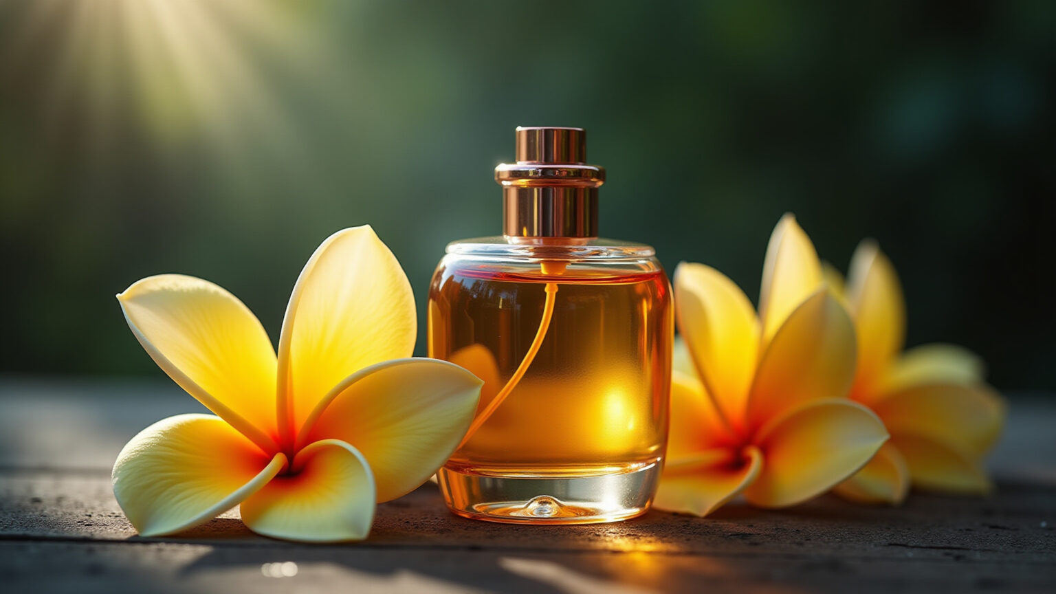 Frasco de perfume de jasmim elegante em penteadeira rústica com flores.