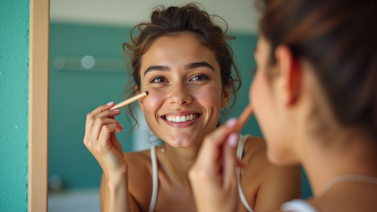 Desvendando o Corretivo Ideal: Seu Guia Completo para Uma Pele Radiante Mulher aplicando corretivo em banheiro colorido e bem iluminado.