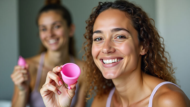 Mulher sorrindo segurando coletor menstrual, representando conforto e liberdade.