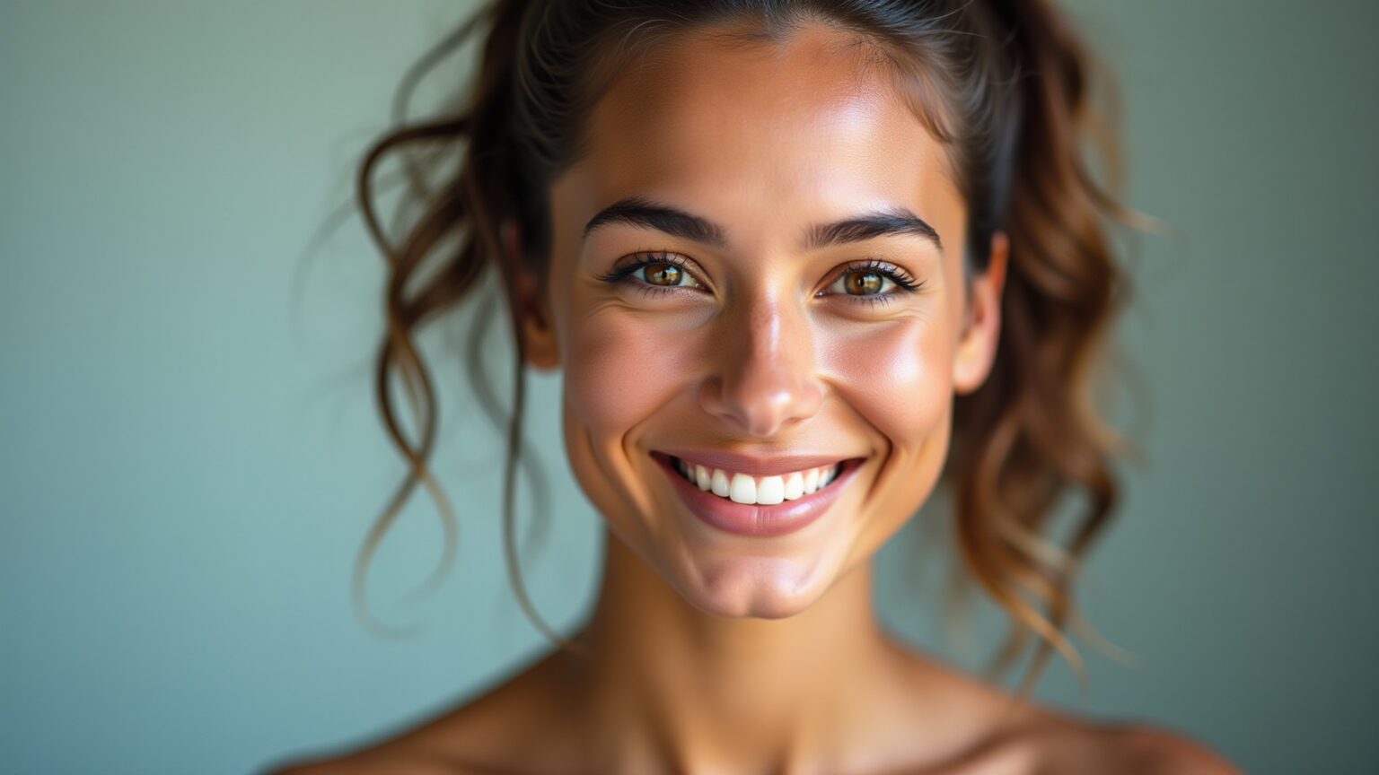 Mulher sorrindo com rabo de cavalo alto, mostrando efeito lifting.