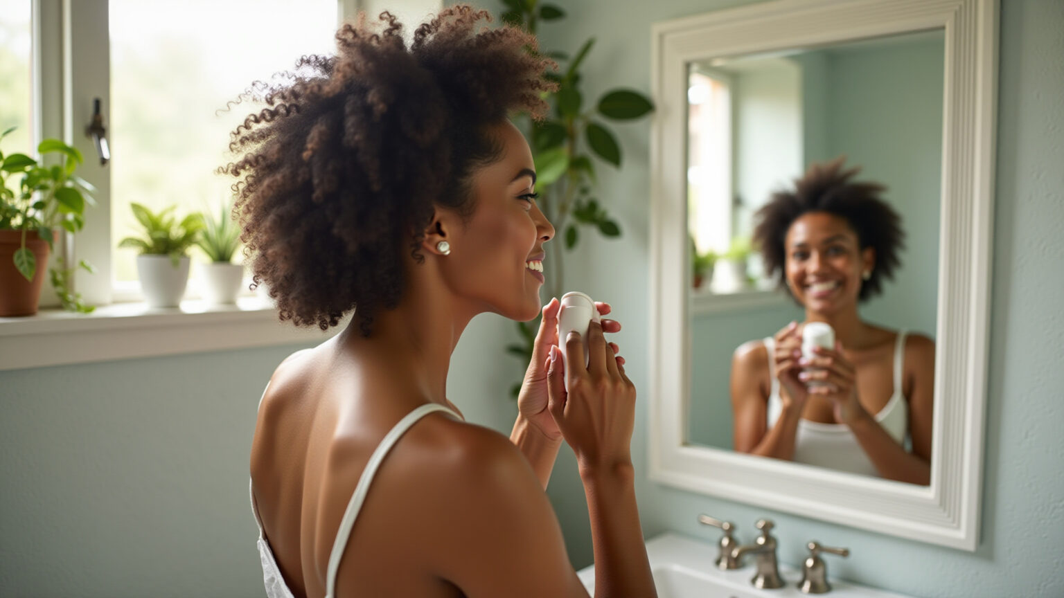 Mulher sorrindo aplicando desodorante natural.