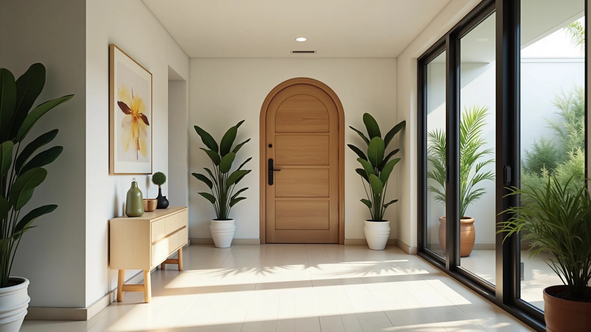 Entrada de casa com feng shui, convidativa, com plantas e iluminação.