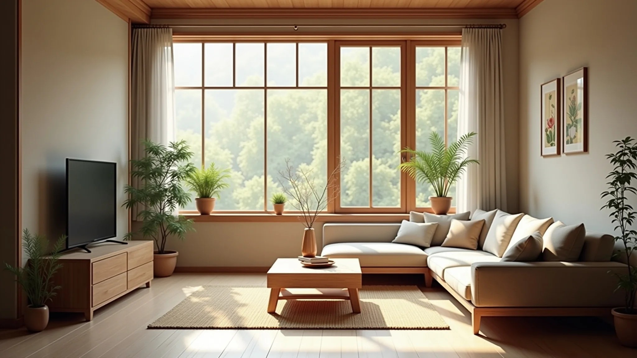 Sala com feng shui, móveis de madeira e decoração minimalista.