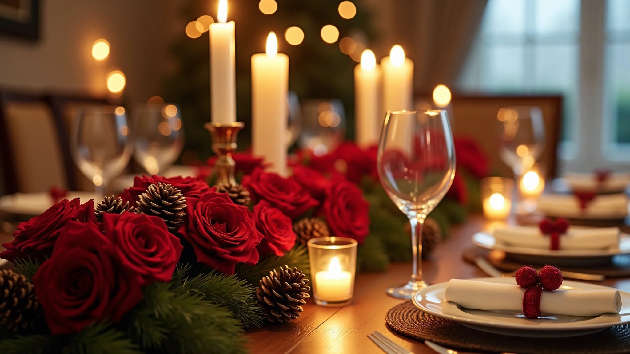 Arranjo festivo com rosas vermelhas, pinhas e velas para um jantar romântico na mesa de jantar.