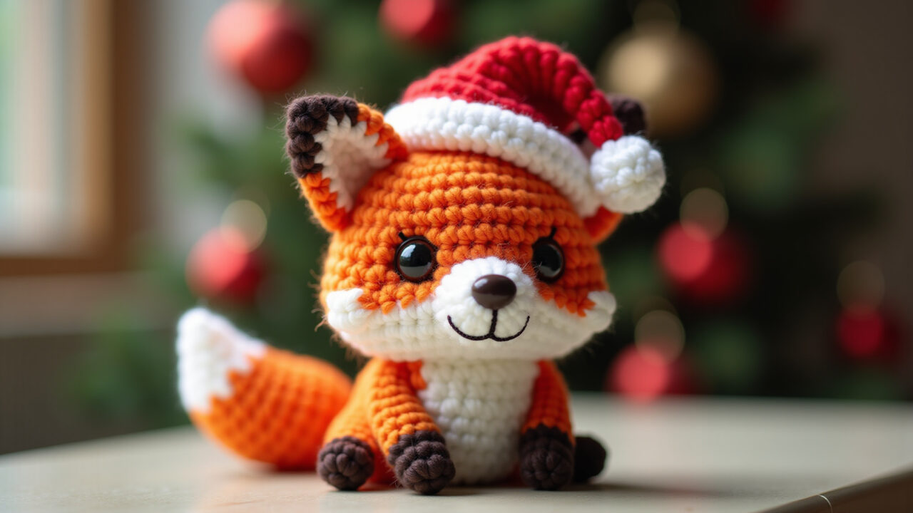 Amigurumi de raposa natalina, decoração festiva e original.