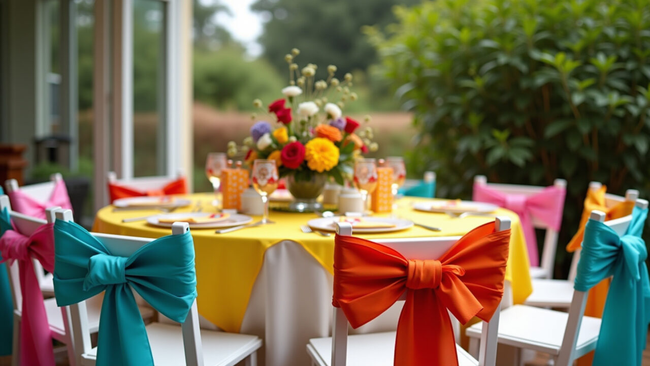 Decoração de festa com laços coloridos.