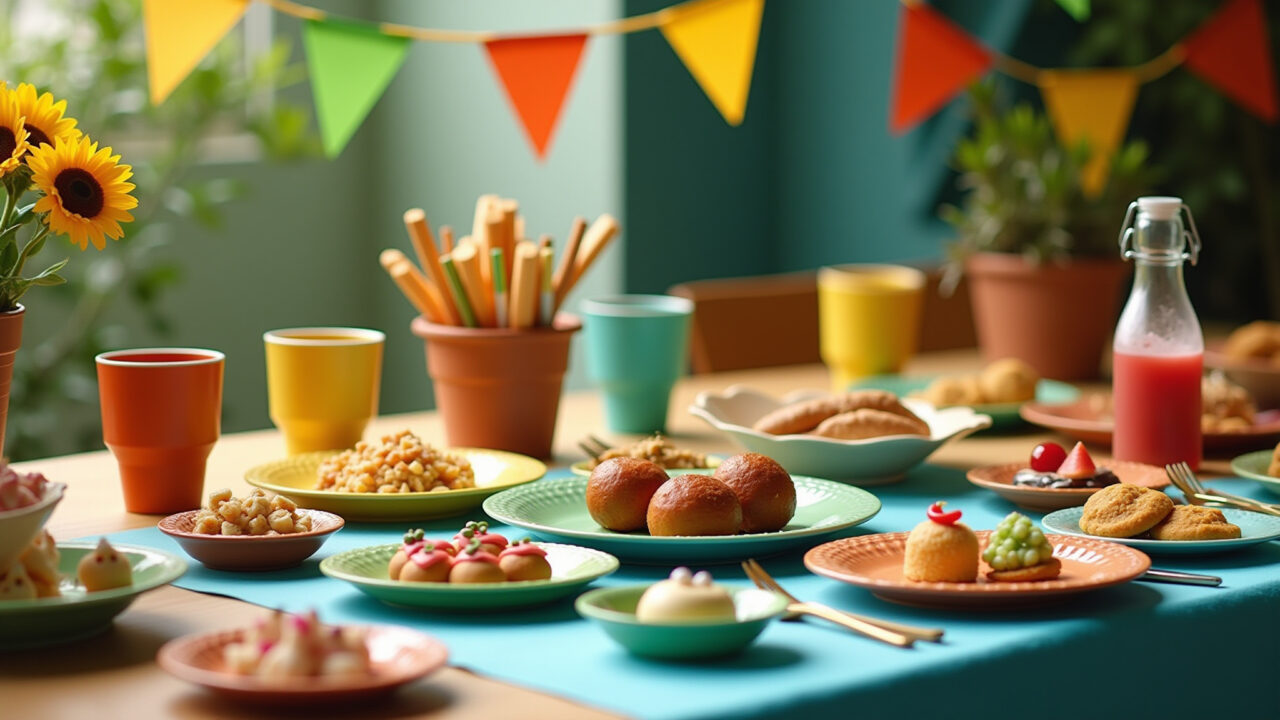 Mesa festiva com pratos coloridos, doces e decorações temáticas para o Dia das Crianças.