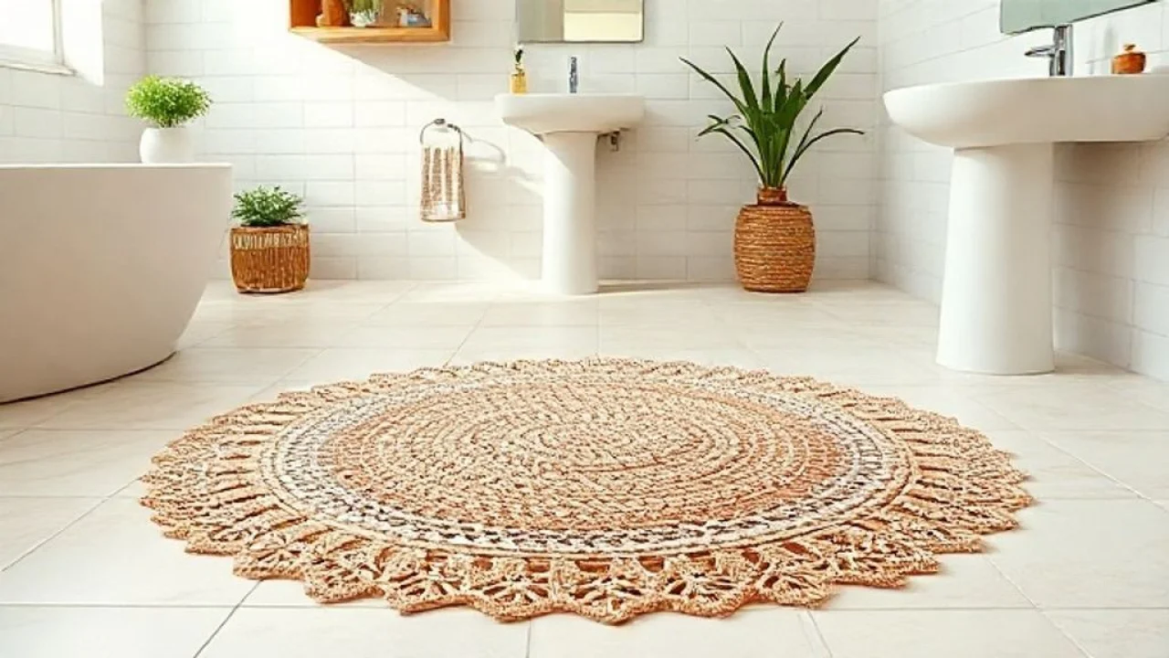 Finished round crochet rug displayed on a tiled floor in a bright Brazilian bathroom, professional Tapete de crochê redondo finalizado decorando um banheiro brasileiro.