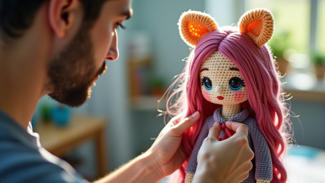 Finishing touches on amigurumi hair, trimming ends, craft studio, natural light, sharp focus, 8K Finalizando o cabelo de amigurumi