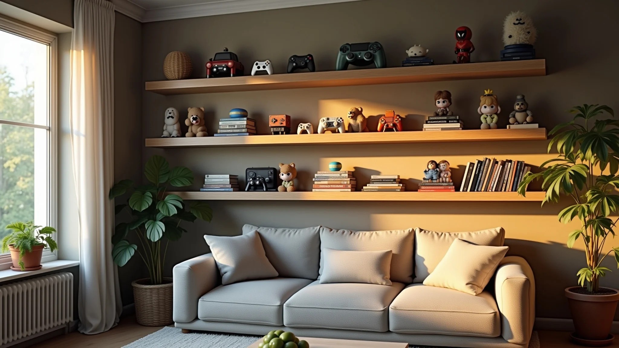 Prateleiras flutuantes com colecionáveis em quarto gamer iluminado.