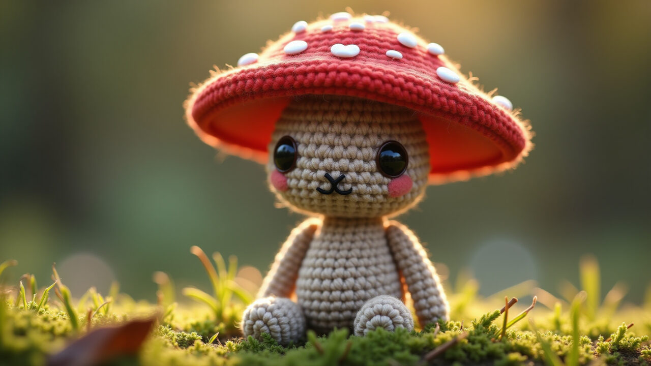 Fofo ouriço amigurumi, textured yarn for spines, mushroom hat, natural lighting, professional Amigurumi de ouriço fofo com chapéu de cogumelo.