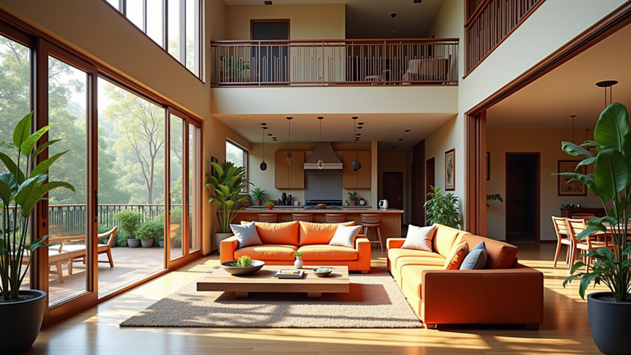 Fotorrealistic photography of a vibrant double height balcony integrated with a living room, large Varanda com pé direito duplo integrada à sala de estar com portas de vidro.