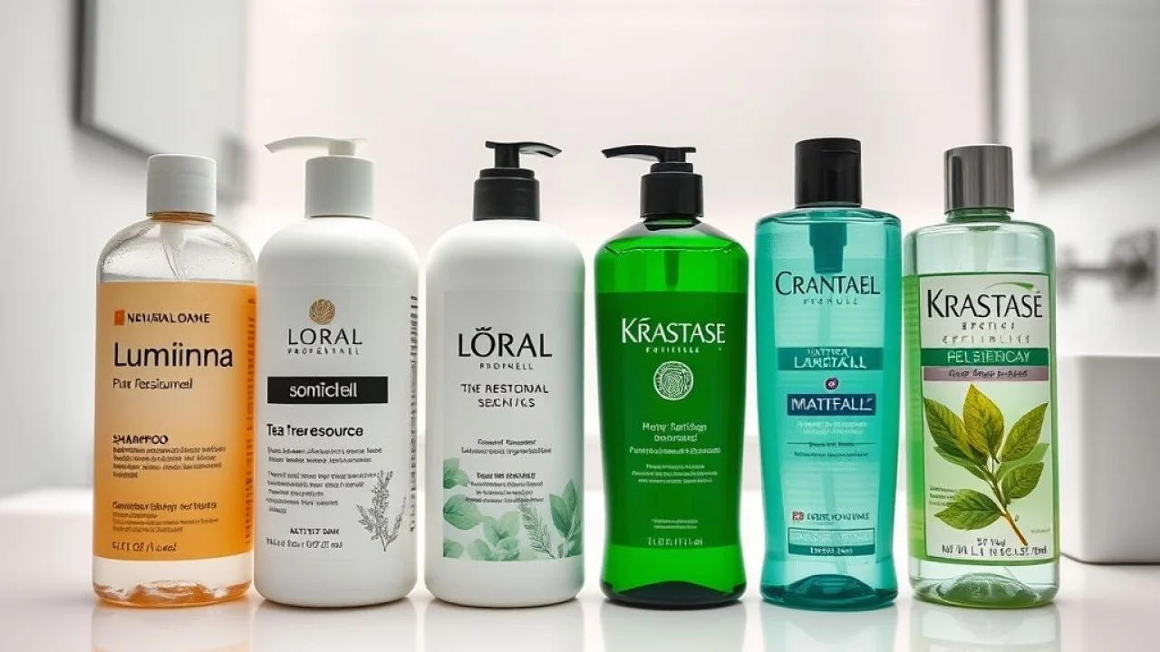 Four shampoo bottles (Natura Lumina, L'Oréal Professionnel Pure Resource, Paul Mitchell Tea Tree Shampoos recomendados: Natura Lumina, L'Oréal, Paul Mitchell, Kérastase. Cabelos oleosos.