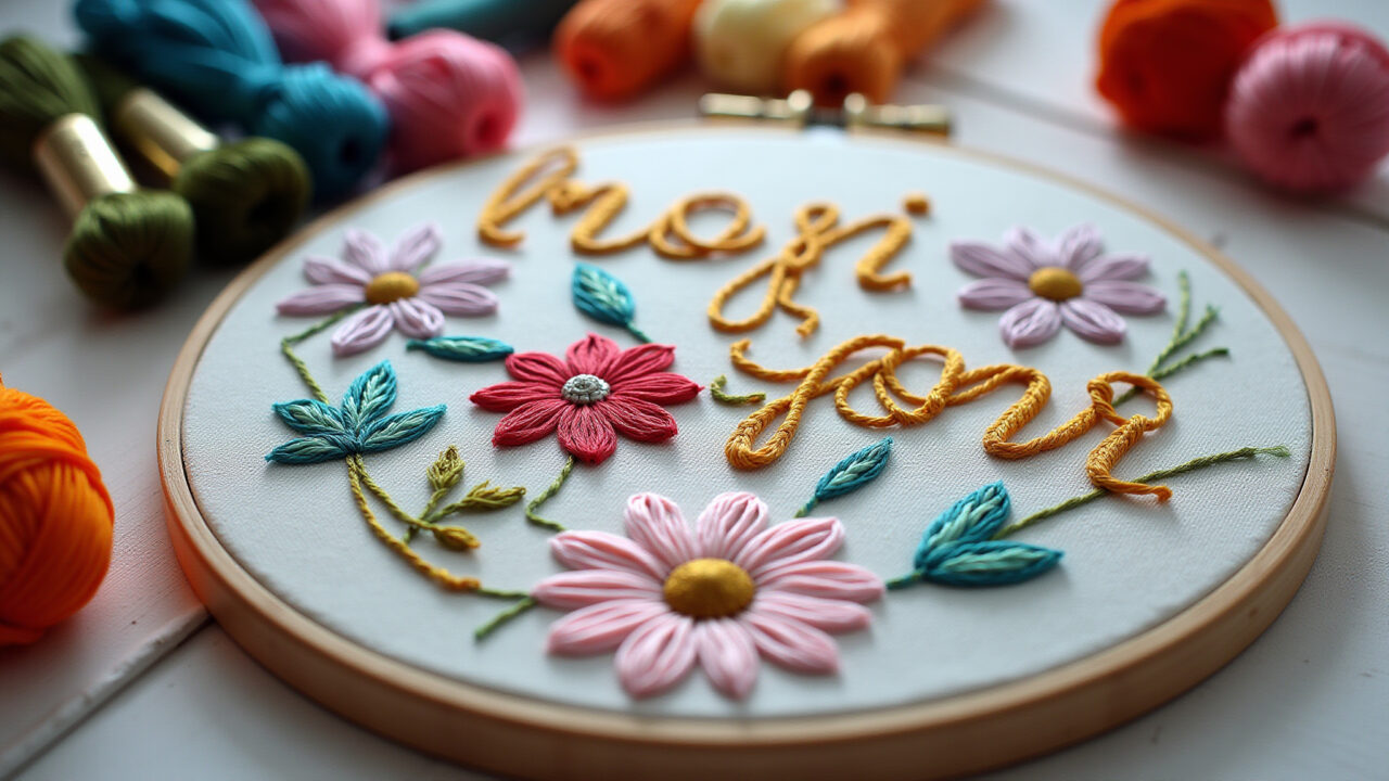 Free embroidery name, mix of stitches, colorful threads, Brazilian design elements, 8k, sharp Nome em bordado livre, mix de pontos.