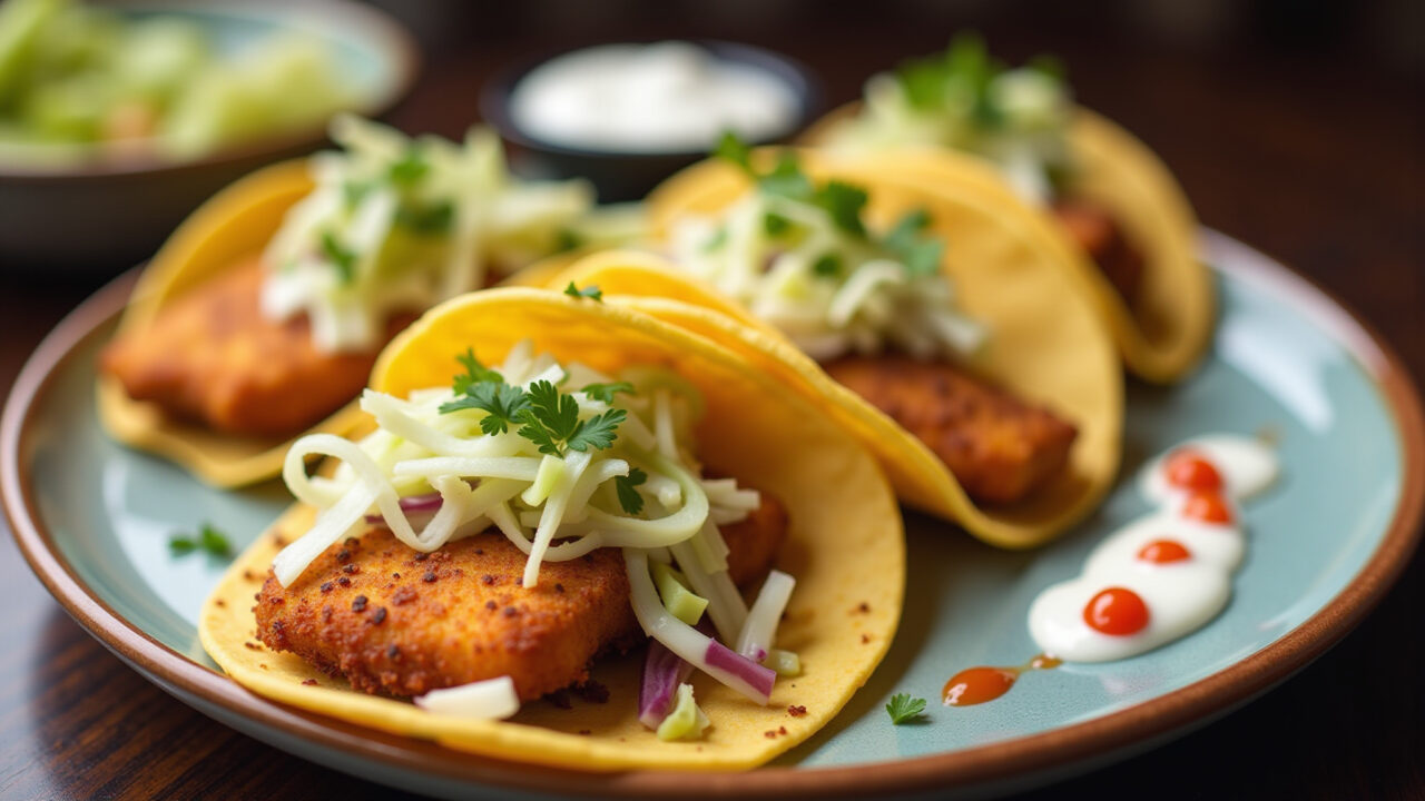 Tacos de peixe empanado, uma opção criativa e saborosa.