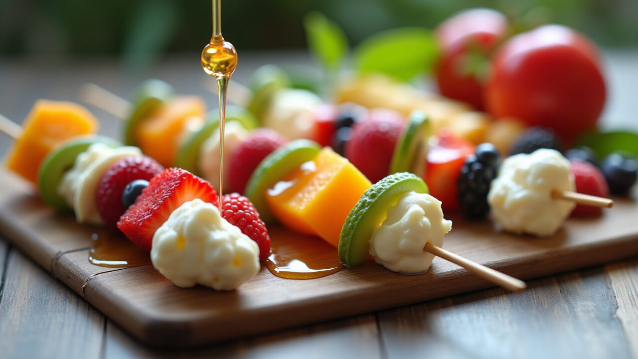 Espetinhos de frutas com calda de iogurte e mel.