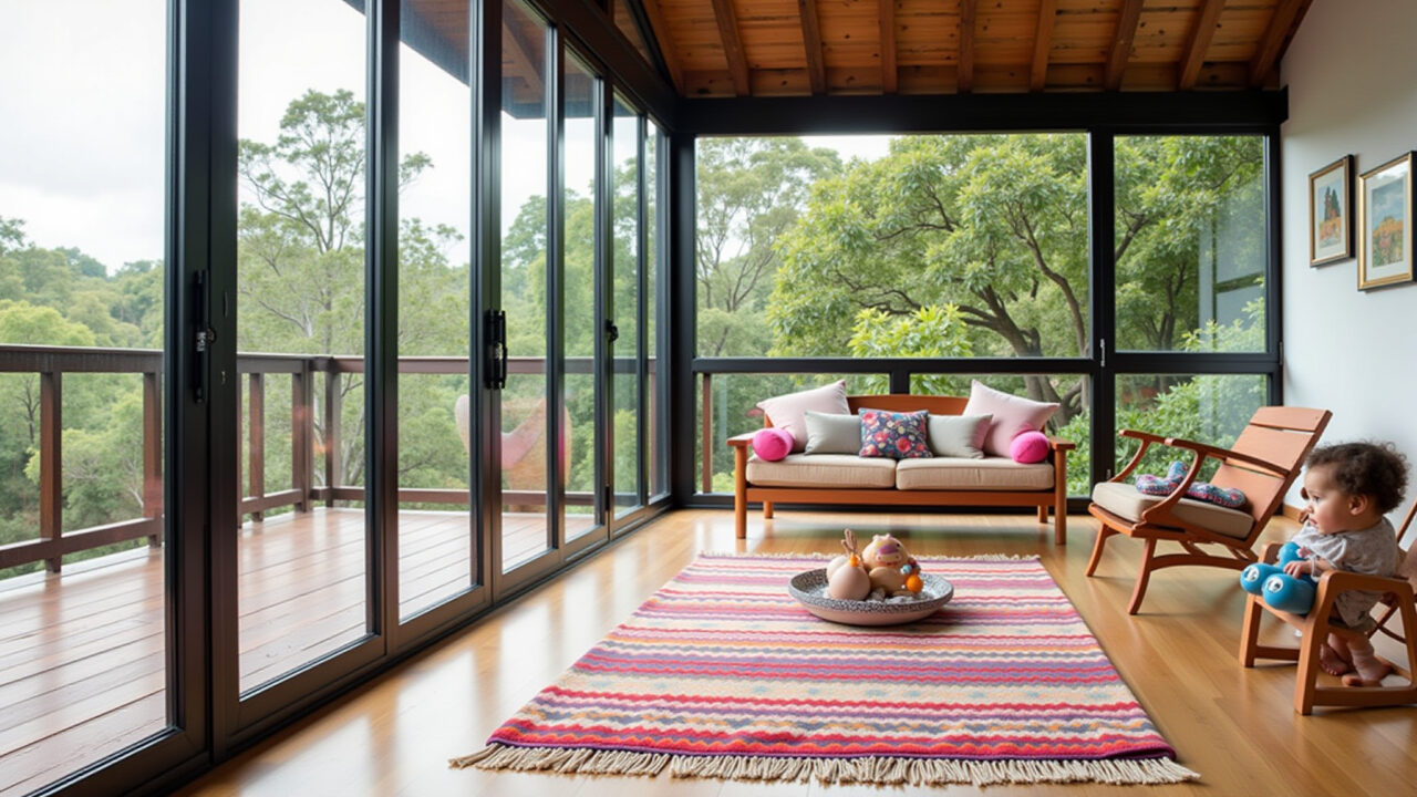 Fun and safe kids' space on a glass-enclosed varanda, featuring colorful rugs, soft cushions, Espaço kids divertido em varanda fechada com vidro.