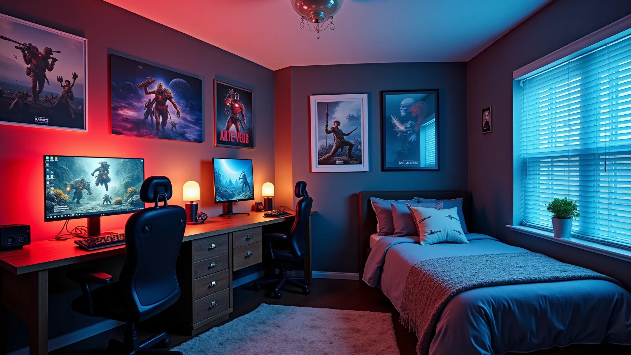 Galeria de parede temática em quarto gamer com iluminação vibrante.