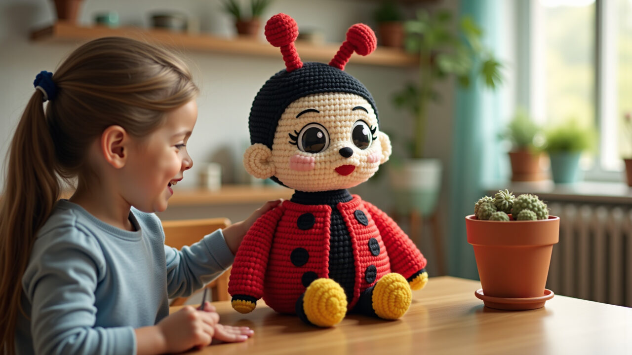 Gen Z adult receives Ladybug amigurumi, bright apartment, Brazilian decor, natural light, lifestyle Jovem adulta sorrindo ao receber amigurumi da Ladybug.