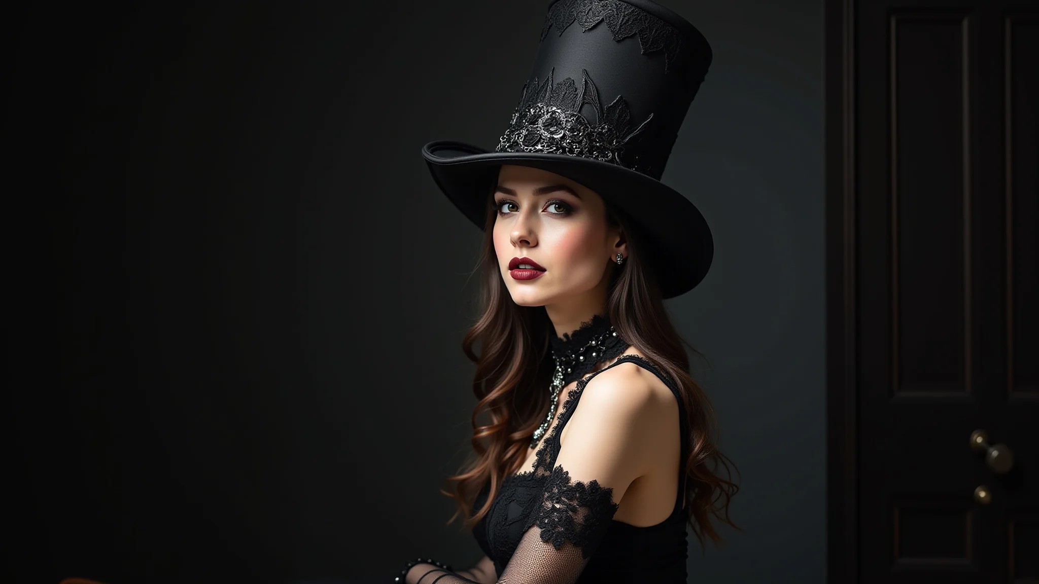 Top hat gótico com renda preta e correntes combinado com vestido de renda.