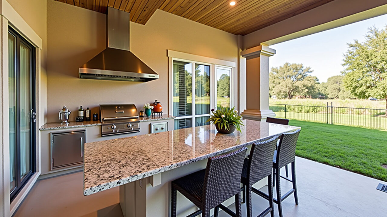 Bancada de granito em área gourmet com churrasqueira.