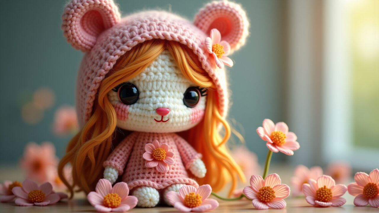 Gracioso veado amigurumi, delicate details, flowers, soft colors, natural lighting, professional Amigurumi de veado gracioso.