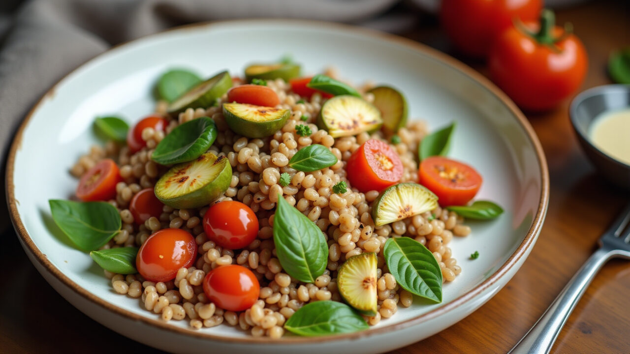 Salada de grãos com legumes assados e molho de tahine.