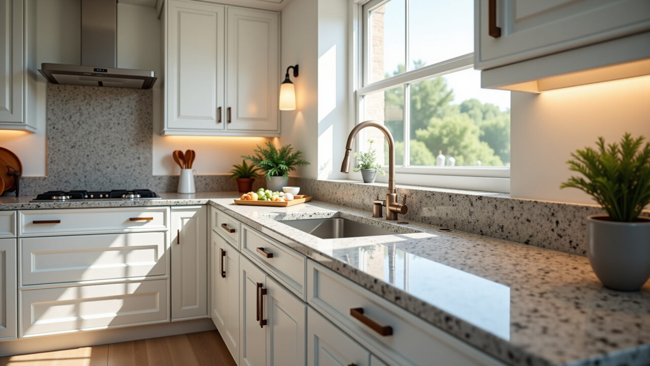 Bancada de granito em cozinha pequena.