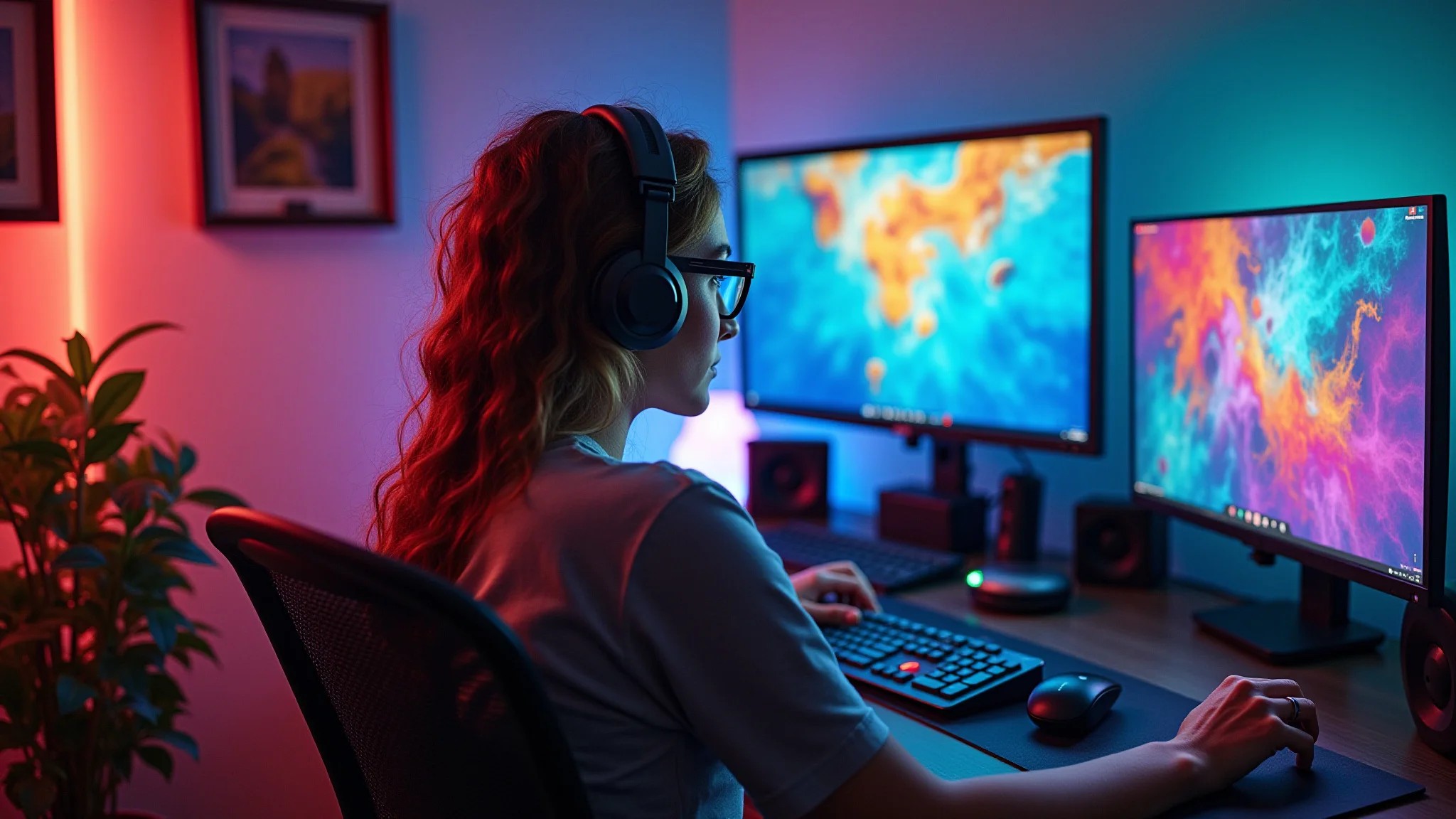 Designer gráfica criando arte digital com cores vibrantes.