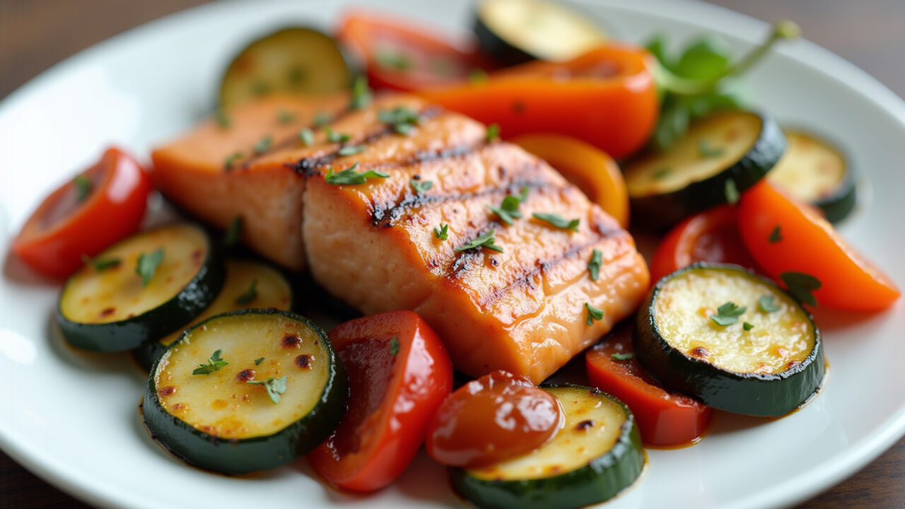 Salmão grelhado com legumes assados, opção leve e saborosa.