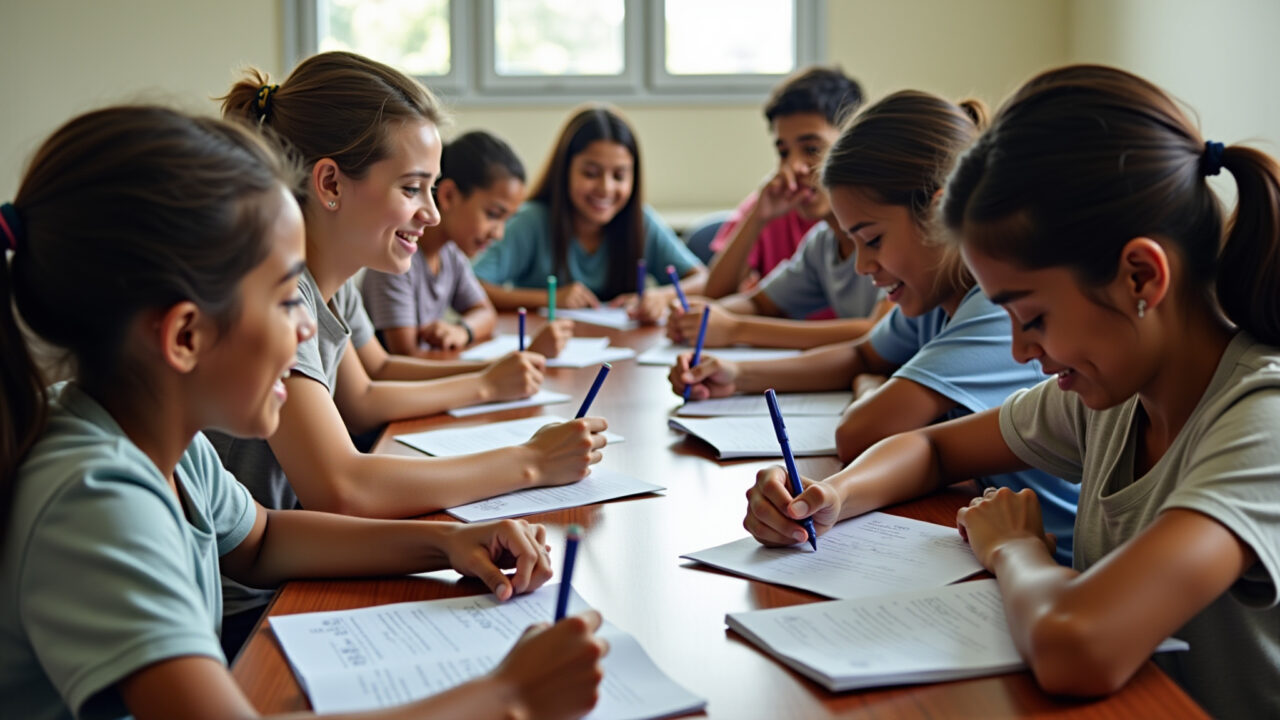 Alunos escrevendo mensagens de agradecimento para professora.