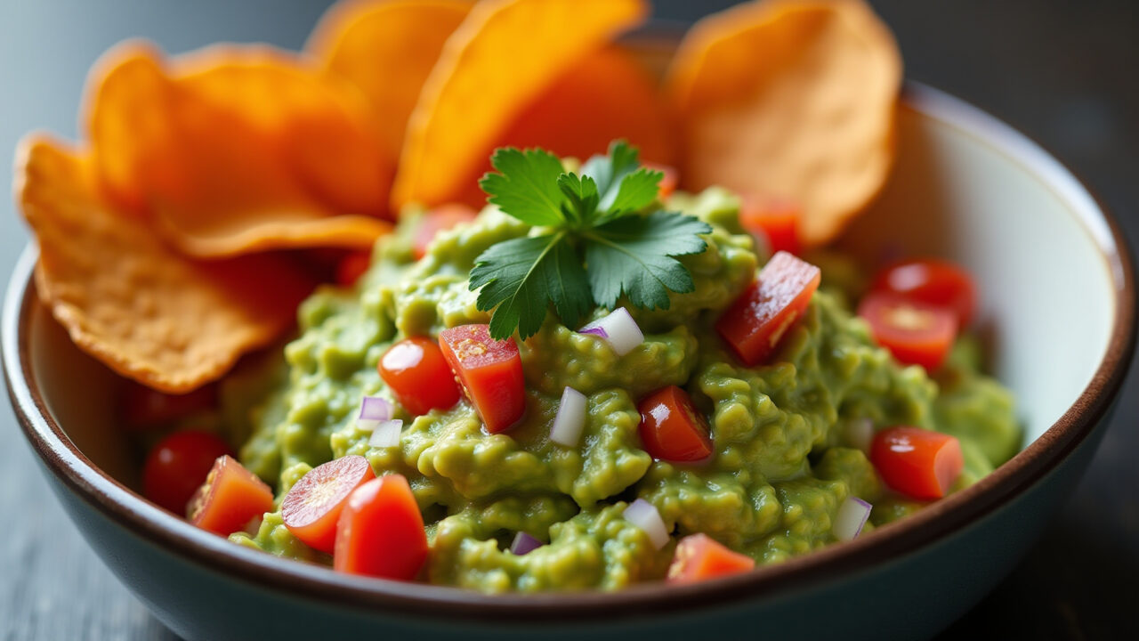 Guacamole com chips de batata doce, opção vegana.