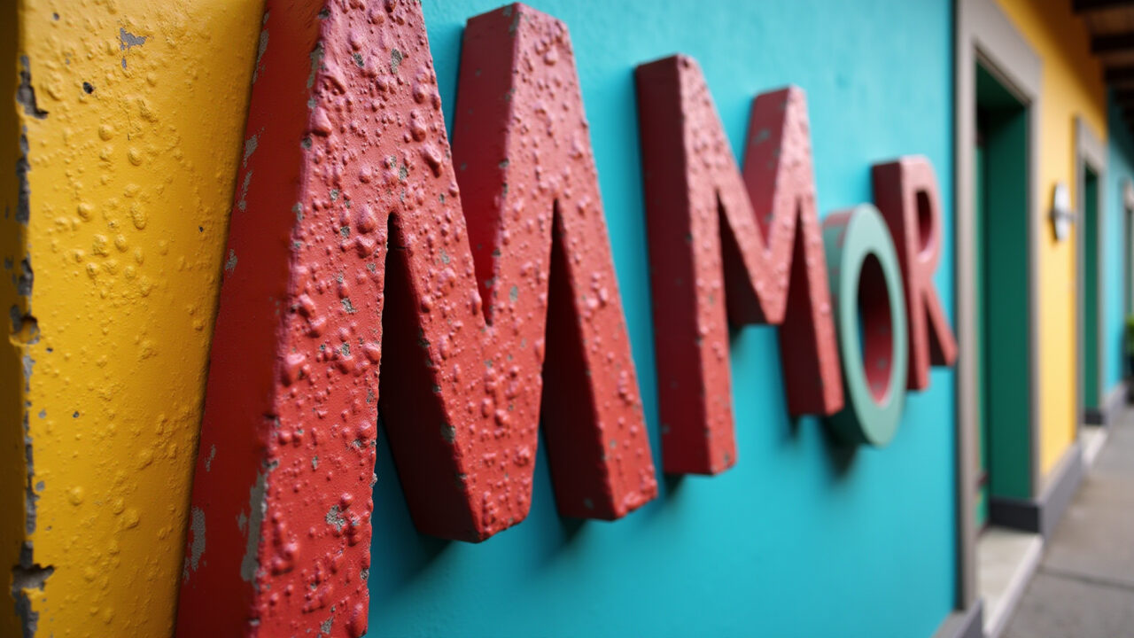Letras decorativas de gesso formando a palavra 'Amor'.