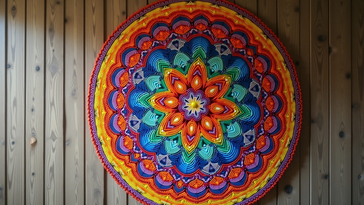 Mandala de gesso colorida em parede de madeira.