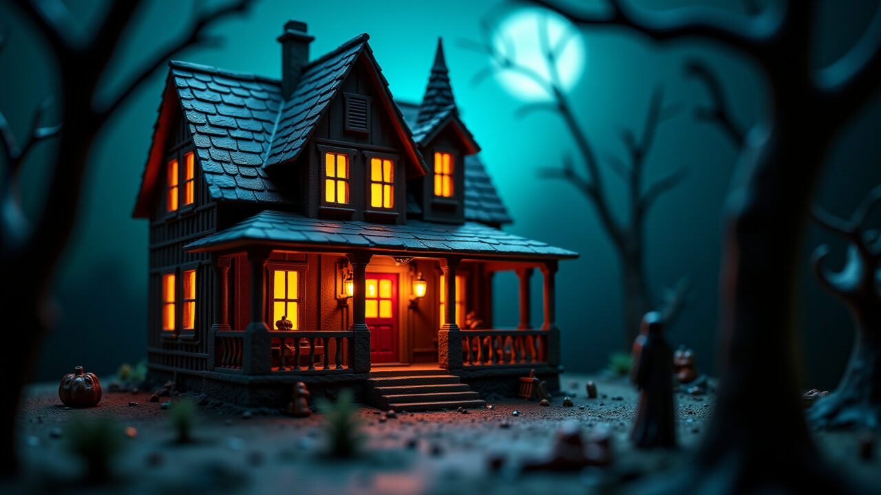 Diorama de Halloween com casa mal assombrada.