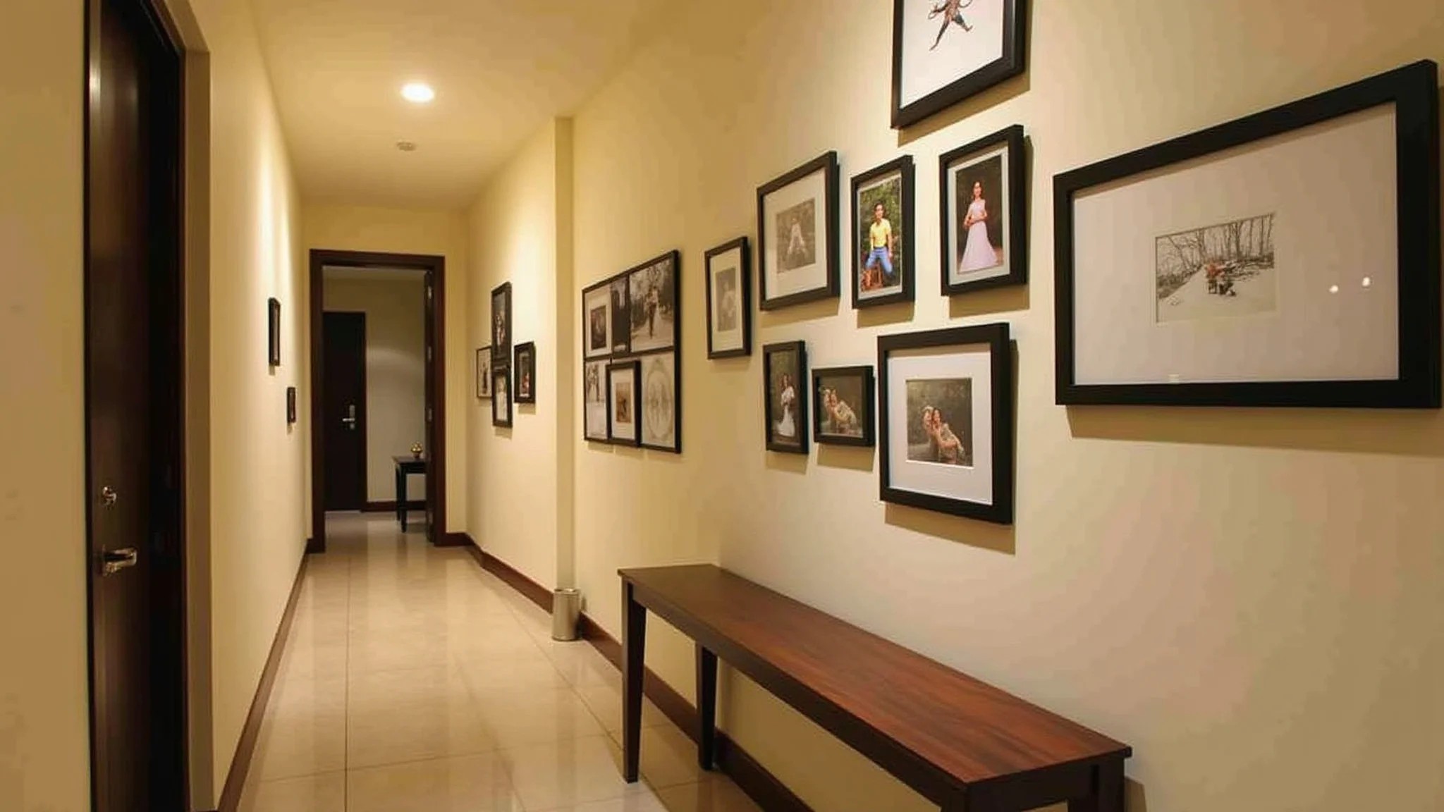 Hall de entrada com quadros e fotos na parede.