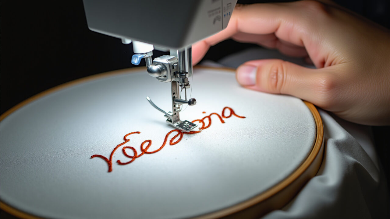 Hand embroidering name with back stitch, close-up, cotton fabric, bright studio lighting, 8k, sharp Bordando nome com ponto atrás em tecido de algodão.