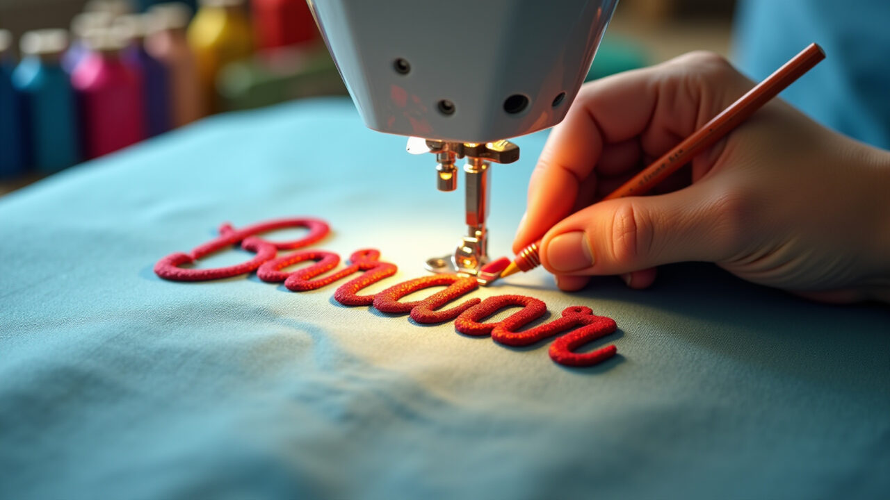 Hand filling embroidered name with satin stitch, silk threads, vibrant colors, bright lighting, 8k, Preenchendo nome bordado com ponto cheio.